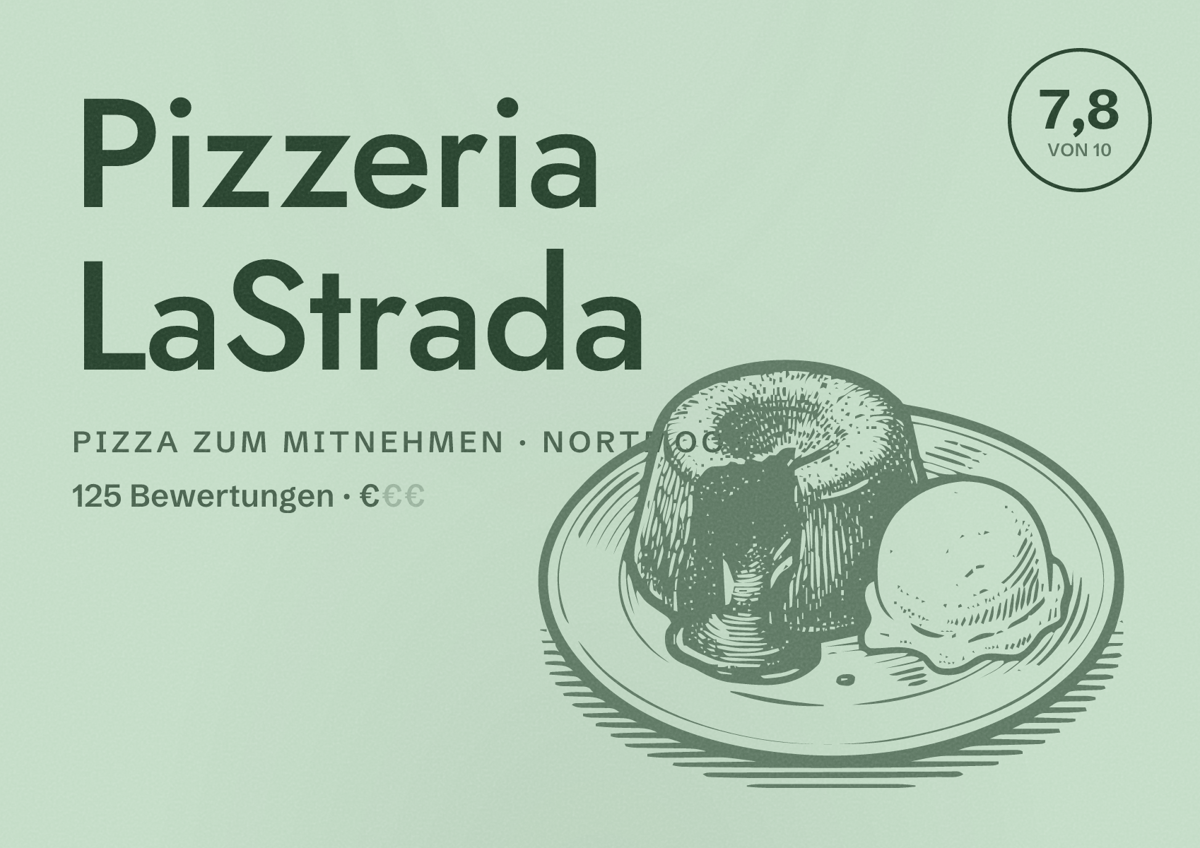 Illustriertes Poster von Pizzeria LaStrada, Pizza zum Mitnehmen in Nortmoor: Bewertung 7,8 von 10 aus 125 Bewertungen, Preisniveau €