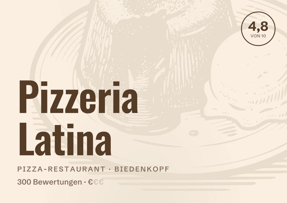 Illustriertes Poster von Pizzeria Latina, Pizza-Restaurant in Biedenkopf: Bewertung 4,8 von 10 aus 300 Bewertungen, Preisniveau €
