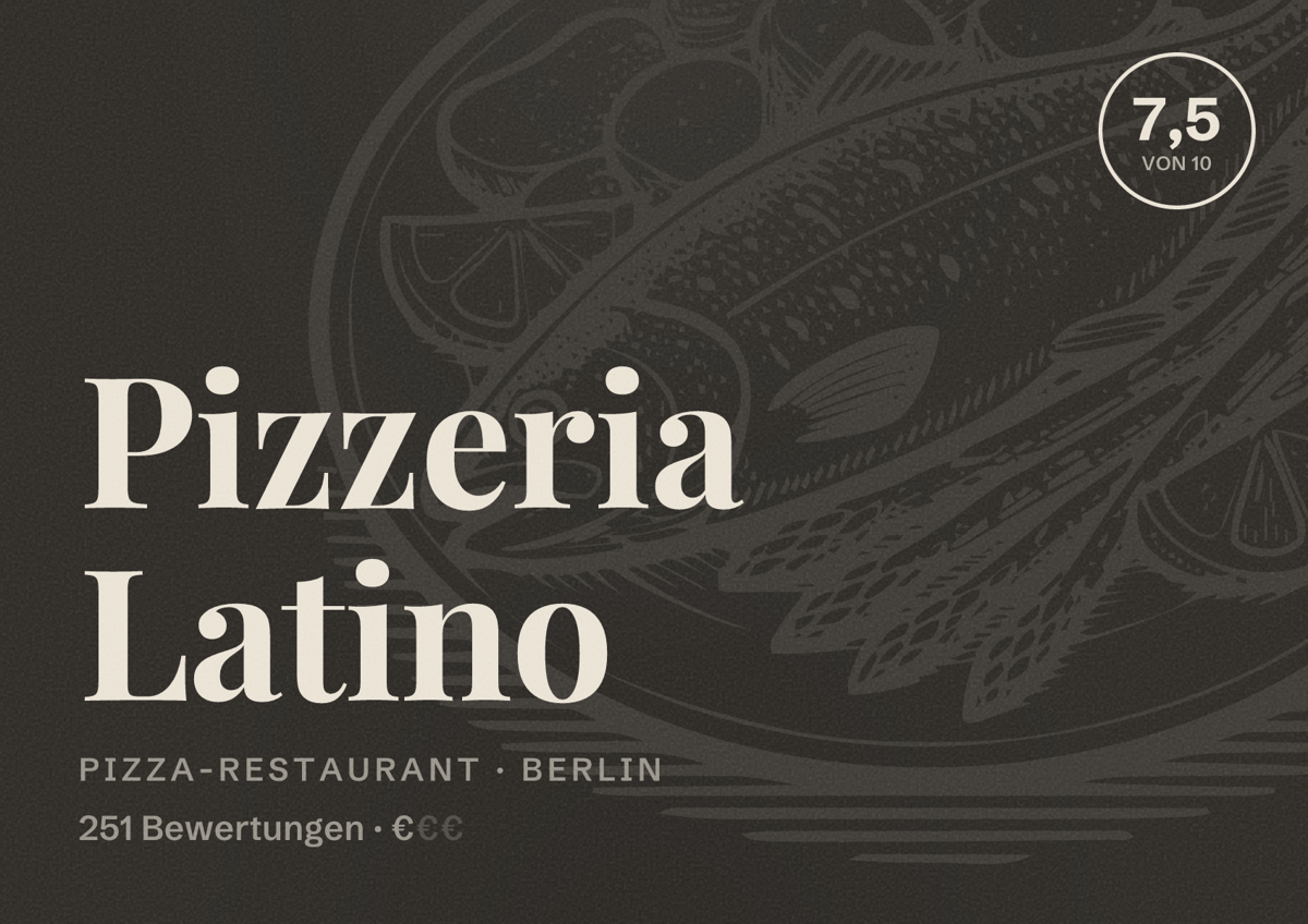 Illustriertes Poster von Pizzeria Latino, Pizza-Restaurant in Berlin: Bewertung 7,5 von 10 aus 251 Bewertungen, Preisniveau €