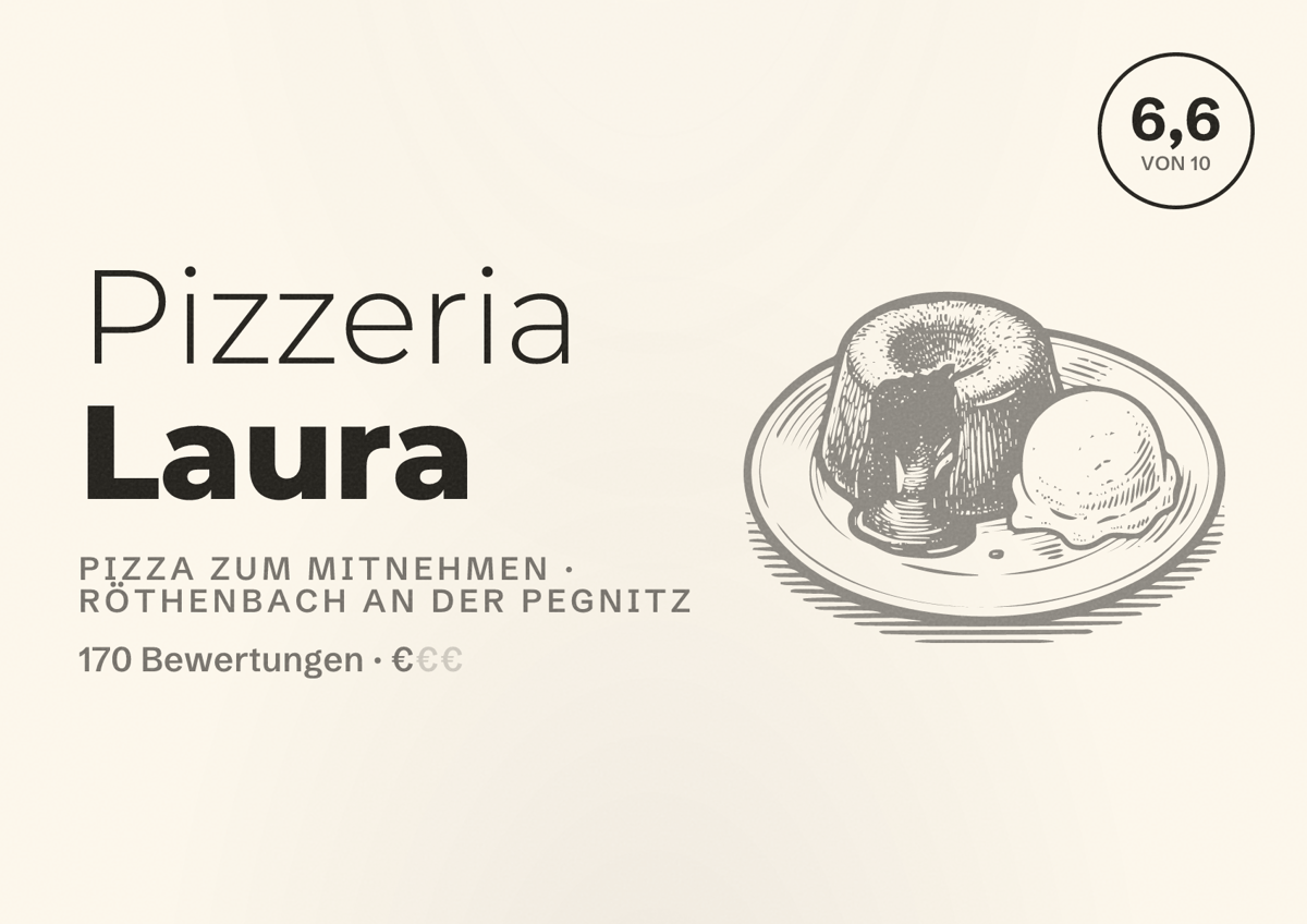 Illustriertes Poster von Pizzeria Laura, Pizza zum Mitnehmen in Röthenbach an der Pegnitz: Bewertung 6,6 von 10 aus 170 Bewertungen, Preisniveau €