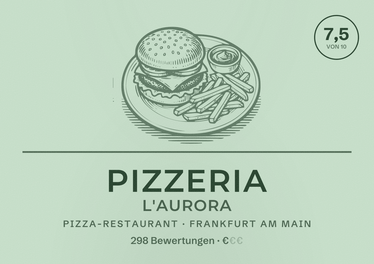 Illustriertes Poster von Pizzeria L'Aurora, Pizza-Restaurant in Frankfurt am Main: Bewertung 7,5 von 10 aus 298 Bewertungen, Preisniveau €