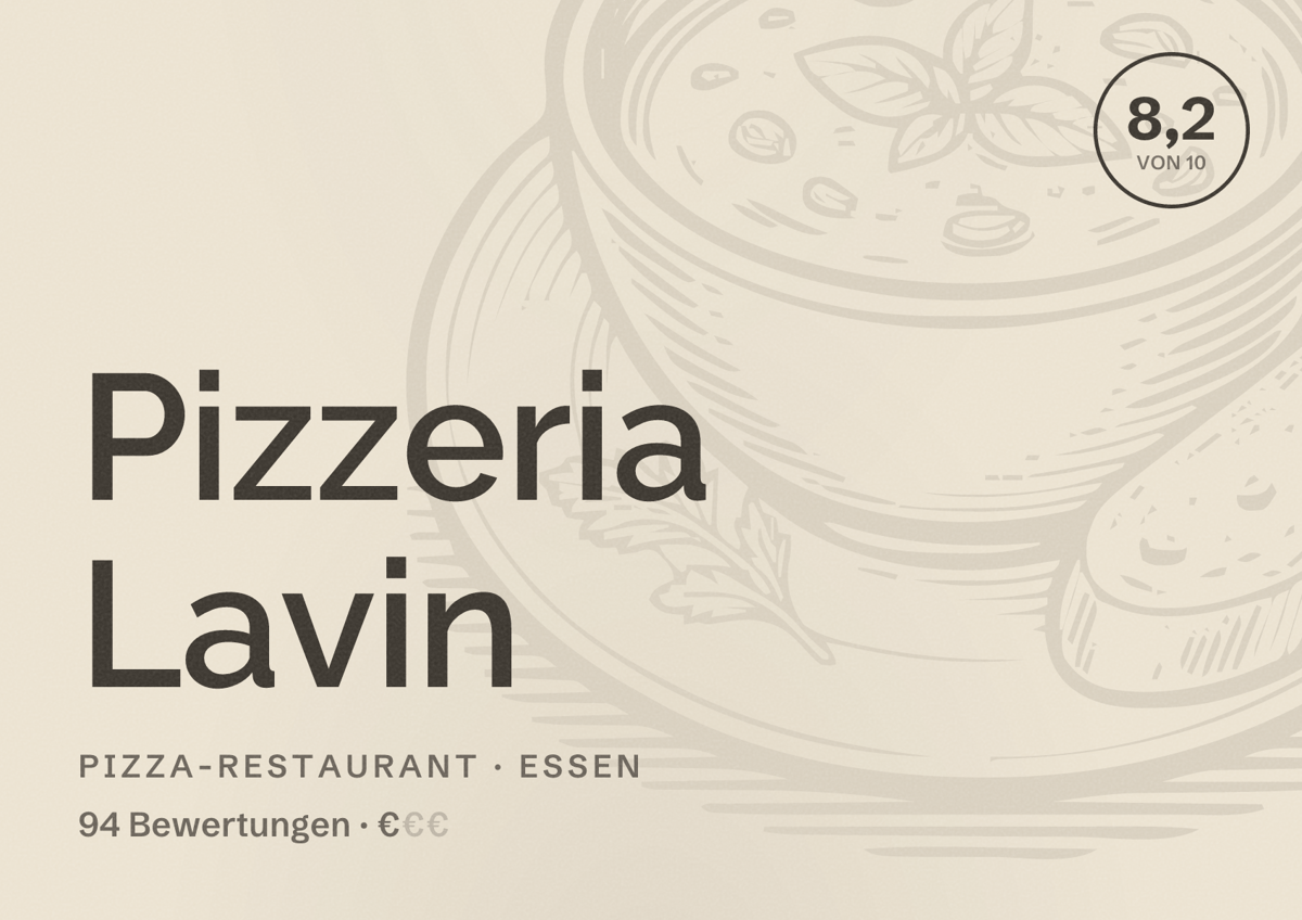 Illustriertes Poster von Pizzeria Lavin, Pizza-Restaurant in Essen: Bewertung 8,2 von 10 aus 94 Bewertungen, Preisniveau €