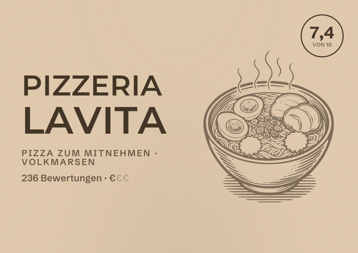 Illustriertes Poster von Pizzeria Lavita, Pizza zum Mitnehmen in Volkmarsen: Bewertung 7,4 von 10 aus 236 Bewertungen, Preisniveau €