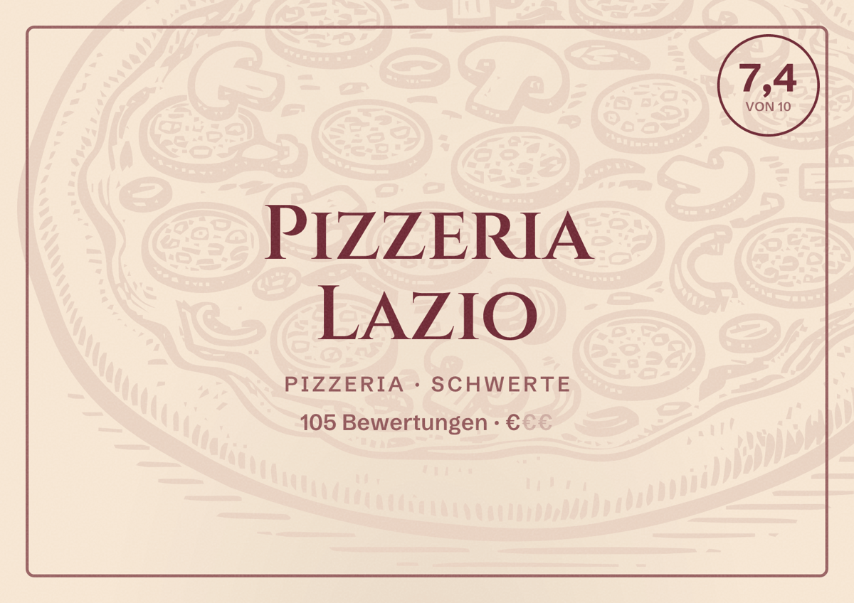 Illustriertes Poster von Pizzeria Lazio, Pizzeria in Schwerte: Bewertung 7,4 von 10 aus 105 Bewertungen, Preisniveau €