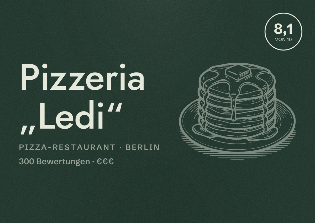 Illustriertes Poster von Pizzeria „Ledi“, Pizza-Restaurant in Berlin: Bewertung 8,1 von 10 aus 300 Bewertungen, Preisniveau €€€