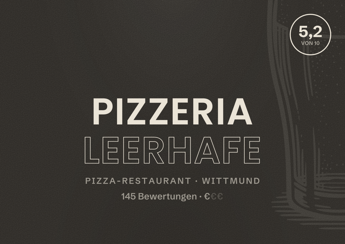 Illustriertes Poster von Pizzeria Leerhafe, Pizza-Restaurant in Wittmund: Bewertung 5,2 von 10 aus 145 Bewertungen, Preisniveau €