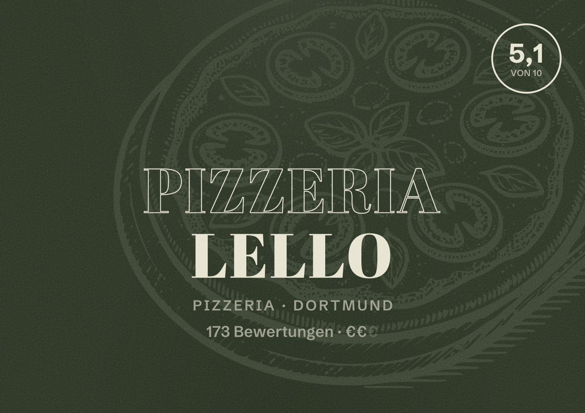 Illustriertes Poster von Pizzeria Lello, Pizzeria in Dortmund: Bewertung 5,1 von 10 aus 173 Bewertungen, Preisniveau €€
