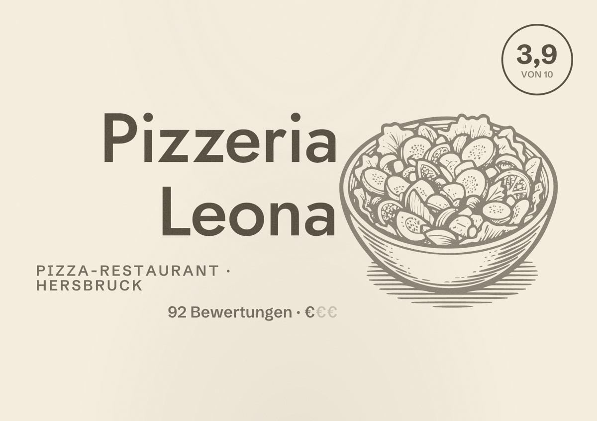 Illustriertes Poster von Pizzeria Leona, Pizza-Restaurant in Hersbruck: Bewertung 3,9 von 10 aus 92 Bewertungen, Preisniveau €