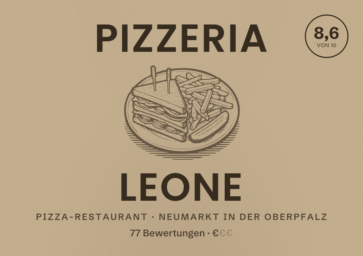 Illustriertes Poster von Pizzeria Leone, Pizza-Restaurant in Neumarkt in der Oberpfalz: Bewertung 8,6 von 10 aus 77 Bewertungen, Preisniveau €