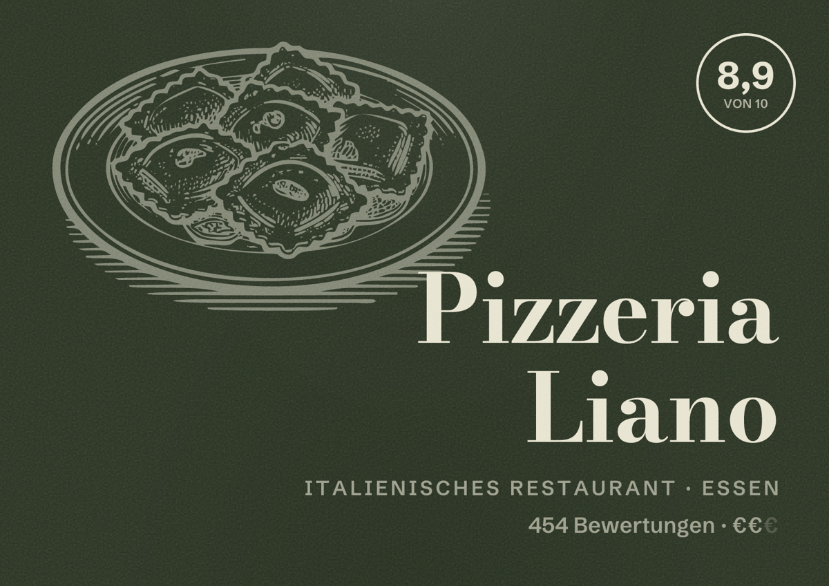 Illustriertes Poster von Pizzeria Liano, Italienisches Restaurant in Essen: Bewertung 8,9 von 10 aus 454 Bewertungen, Preisniveau €€
