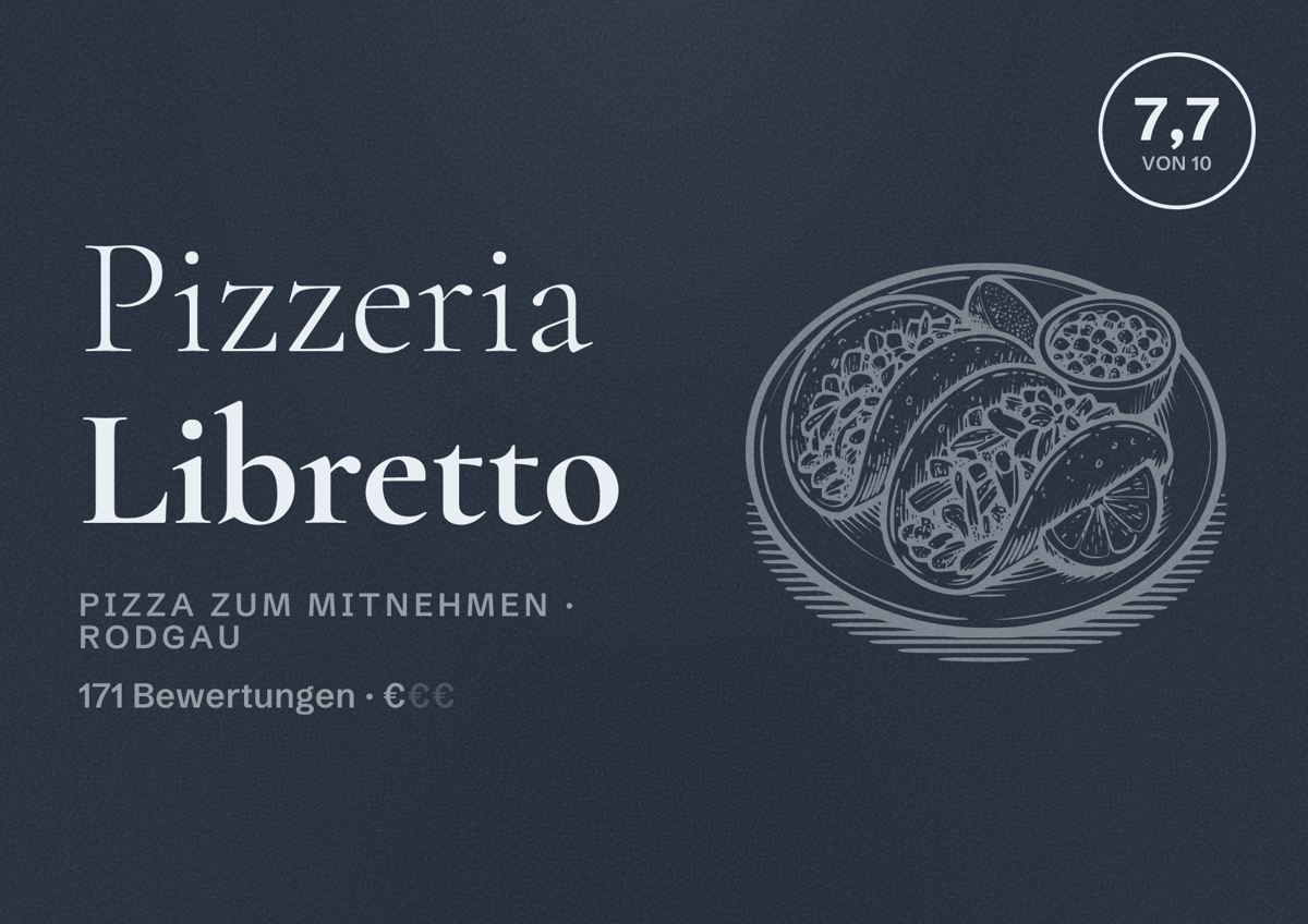 Illustriertes Poster von Pizzeria Libretto, Pizza zum Mitnehmen in Rodgau: Bewertung 7,7 von 10 aus 171 Bewertungen, Preisniveau €