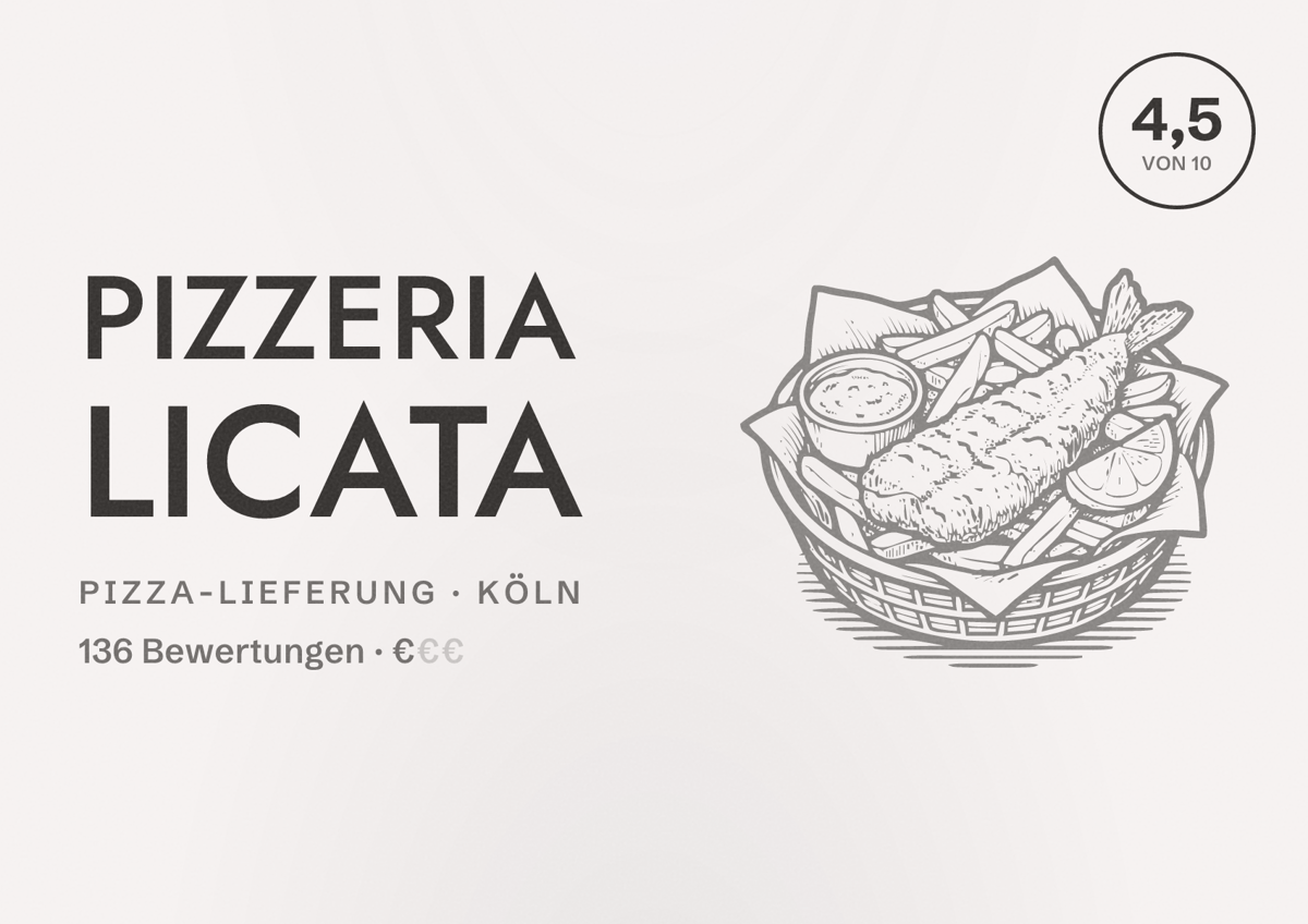 Illustriertes Poster von Pizzeria Licata, Pizza-Lieferung in Köln: Bewertung 4,5 von 10 aus 136 Bewertungen, Preisniveau €