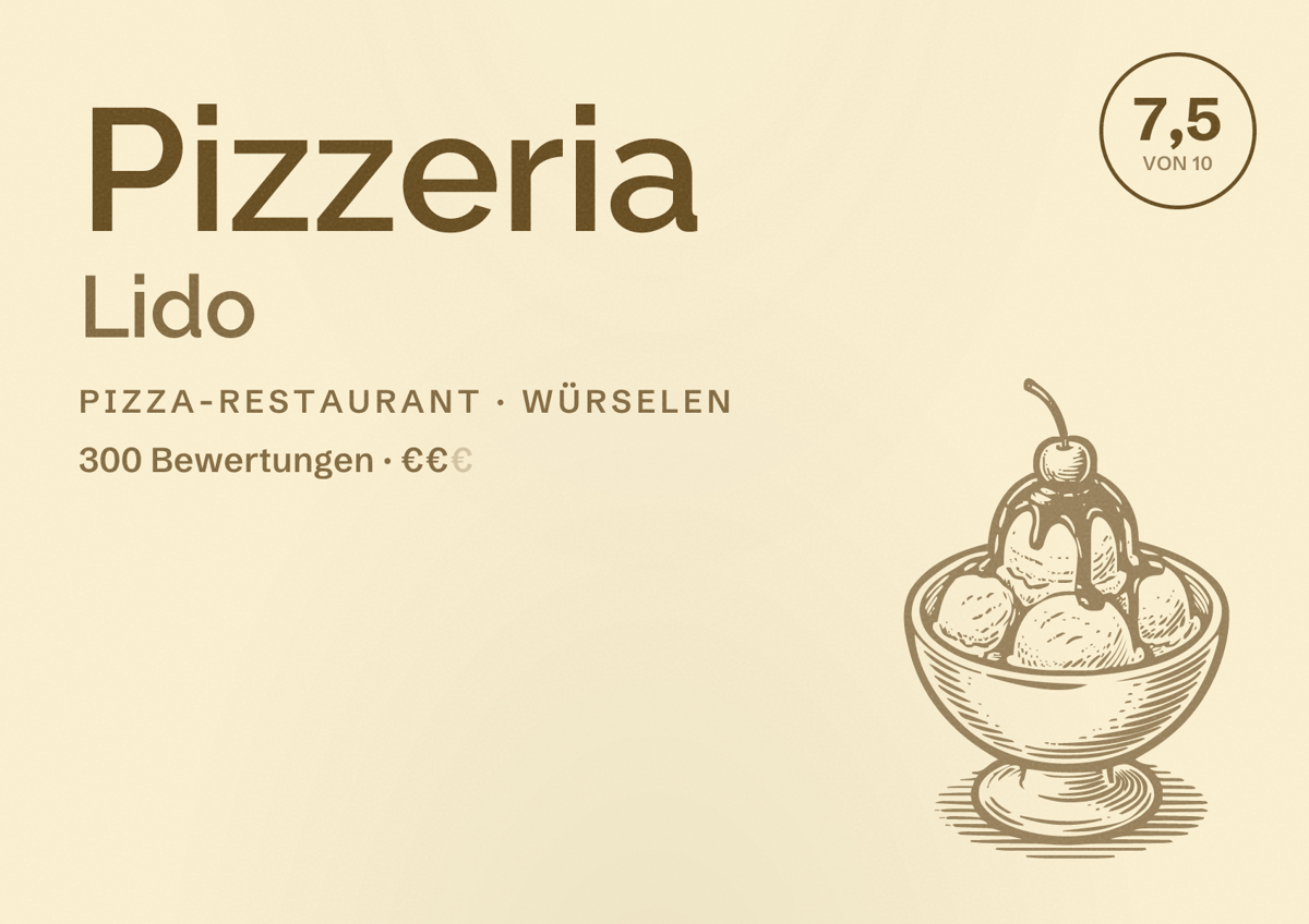 Illustriertes Poster von Pizzeria Lido, Pizza-Restaurant in Würselen: Bewertung 7,5 von 10 aus 300 Bewertungen, Preisniveau €€