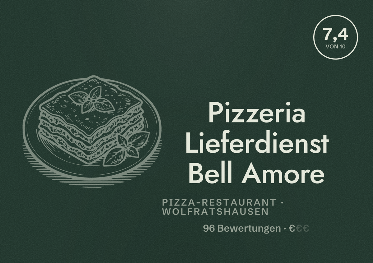 Illustriertes Poster von Pizzeria Lieferdienst Bell Amore, Pizza-Restaurant in Wolfratshausen: Bewertung 7,4 von 10 aus 96 Bewertungen, Preisniveau €