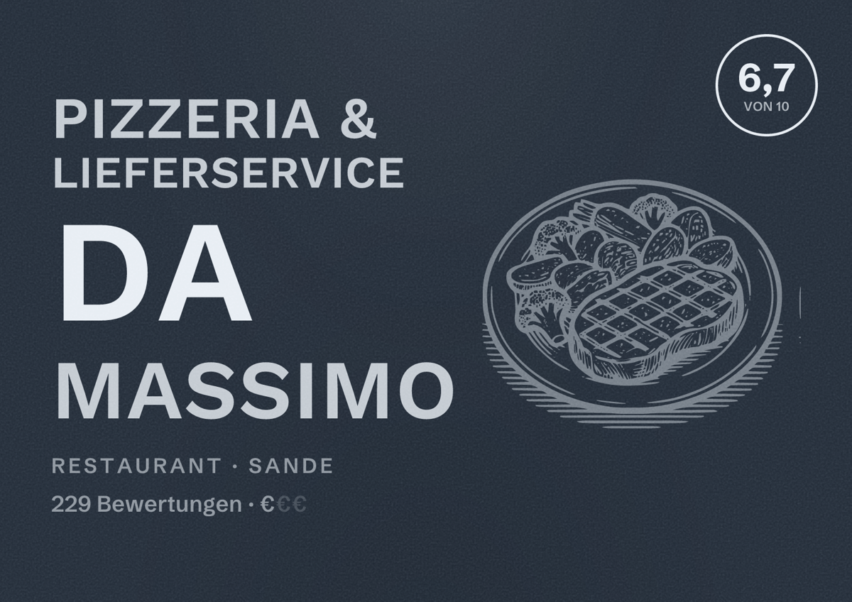 Illustriertes Poster von Pizzeria & Lieferservice Da Massimo, Restaurant in Sande: Bewertung 6,7 von 10 aus 229 Bewertungen, Preisniveau €