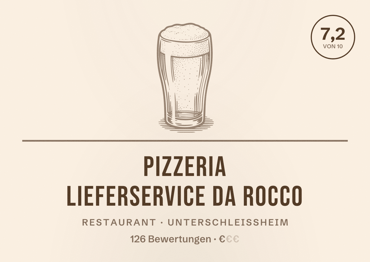 Illustriertes Poster von Pizzeria Lieferservice Da Rocco, Restaurant in Unterschleißheim: Bewertung 7,2 von 10 aus 126 Bewertungen, Preisniveau €