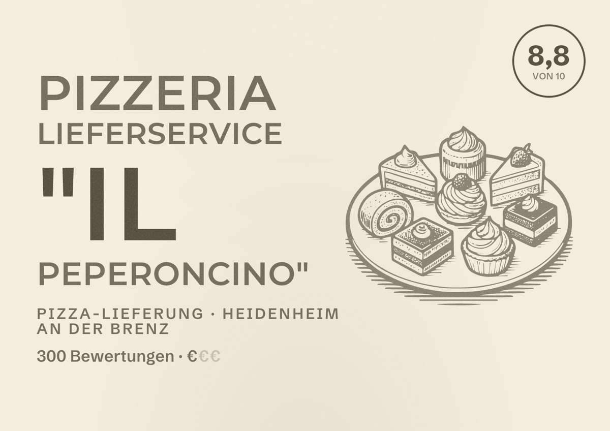 Illustriertes Poster von Pizzeria Lieferservice "Il Peperoncino", Pizza-Lieferung in Heidenheim an der Brenz: Bewertung 8,8 von 10 aus 300 Bewertungen, Preisniveau €