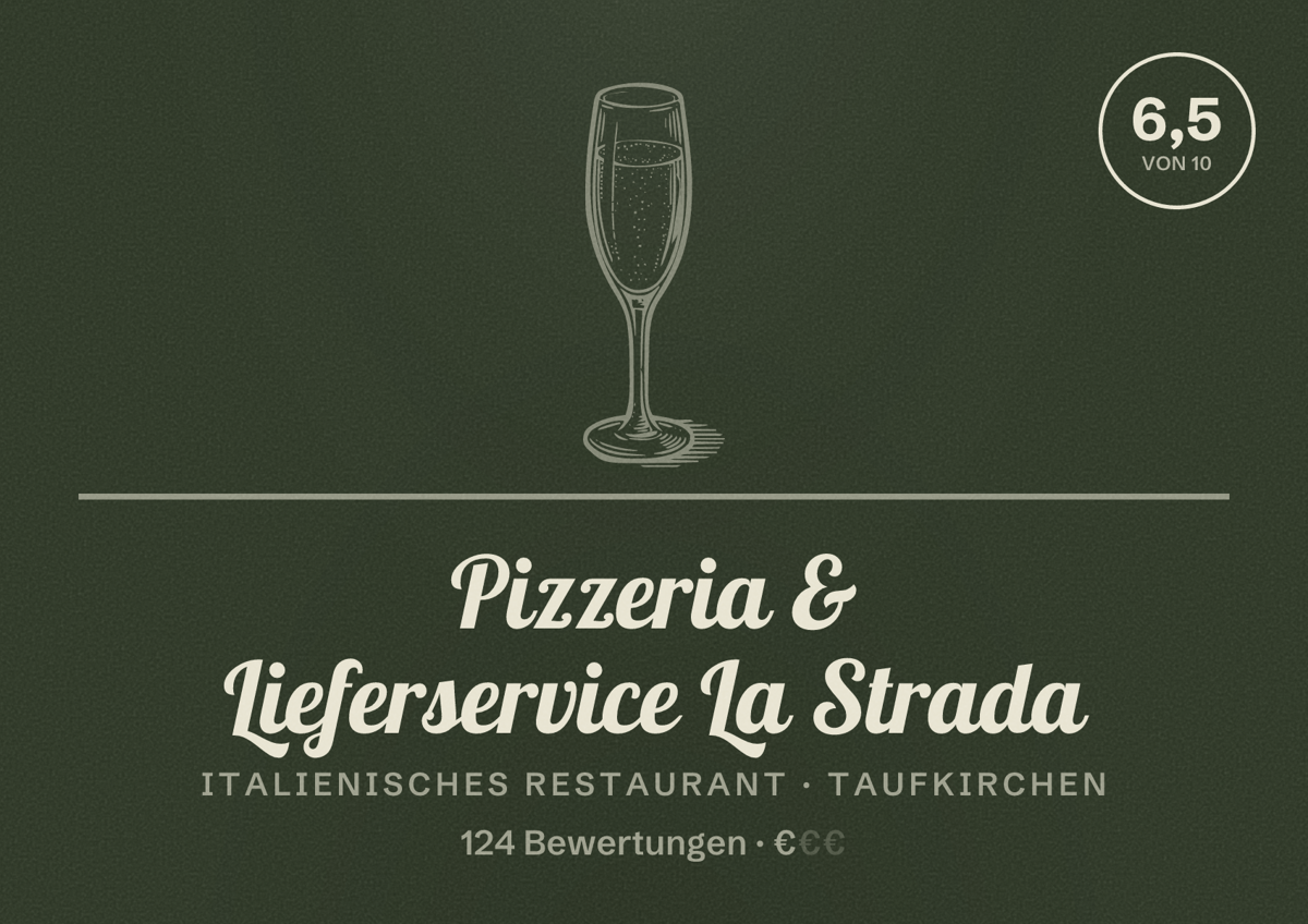 Illustriertes Poster von Pizzeria & Lieferservice La Strada, Italienisches Restaurant in Taufkirchen: Bewertung 6,5 von 10 aus 124 Bewertungen, Preisniveau €