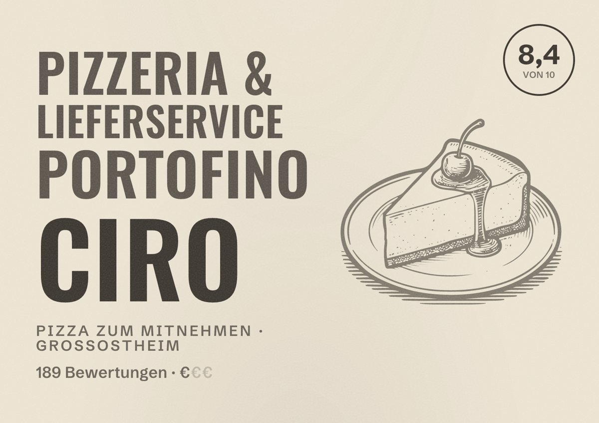 Illustriertes Poster von Pizzeria & Lieferservice Portofino Ciro, Pizza zum Mitnehmen in Großostheim: Bewertung 8,4 von 10 aus 189 Bewertungen, Preisniveau €