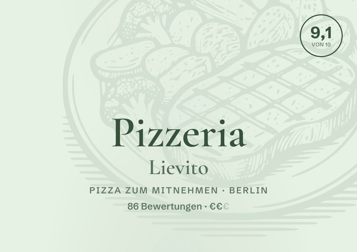 Illustriertes Poster von Pizzeria Lievito, Pizza zum Mitnehmen in Berlin: Bewertung 9,1 von 10 aus 86 Bewertungen, Preisniveau €€