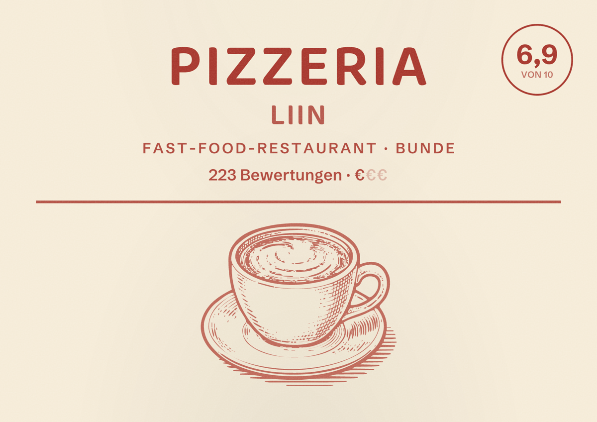 Illustriertes Poster von Pizzeria LiiN, Fast-Food-Restaurant in Bunde: Bewertung 6,9 von 10 aus 223 Bewertungen, Preisniveau €