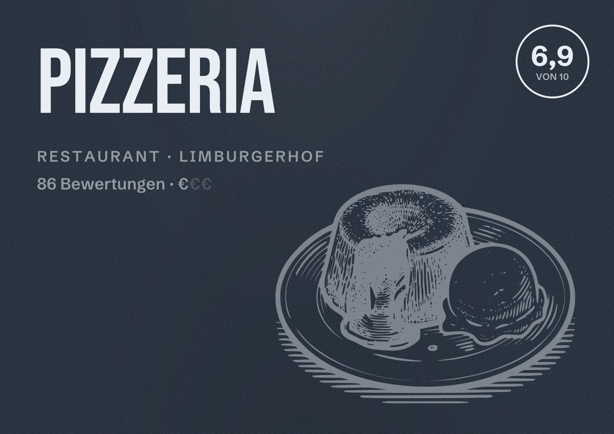 Illustriertes Poster von Pizzeria, Restaurant in Limburgerhof: Bewertung 6,9 von 10 aus 86 Bewertungen, Preisniveau €