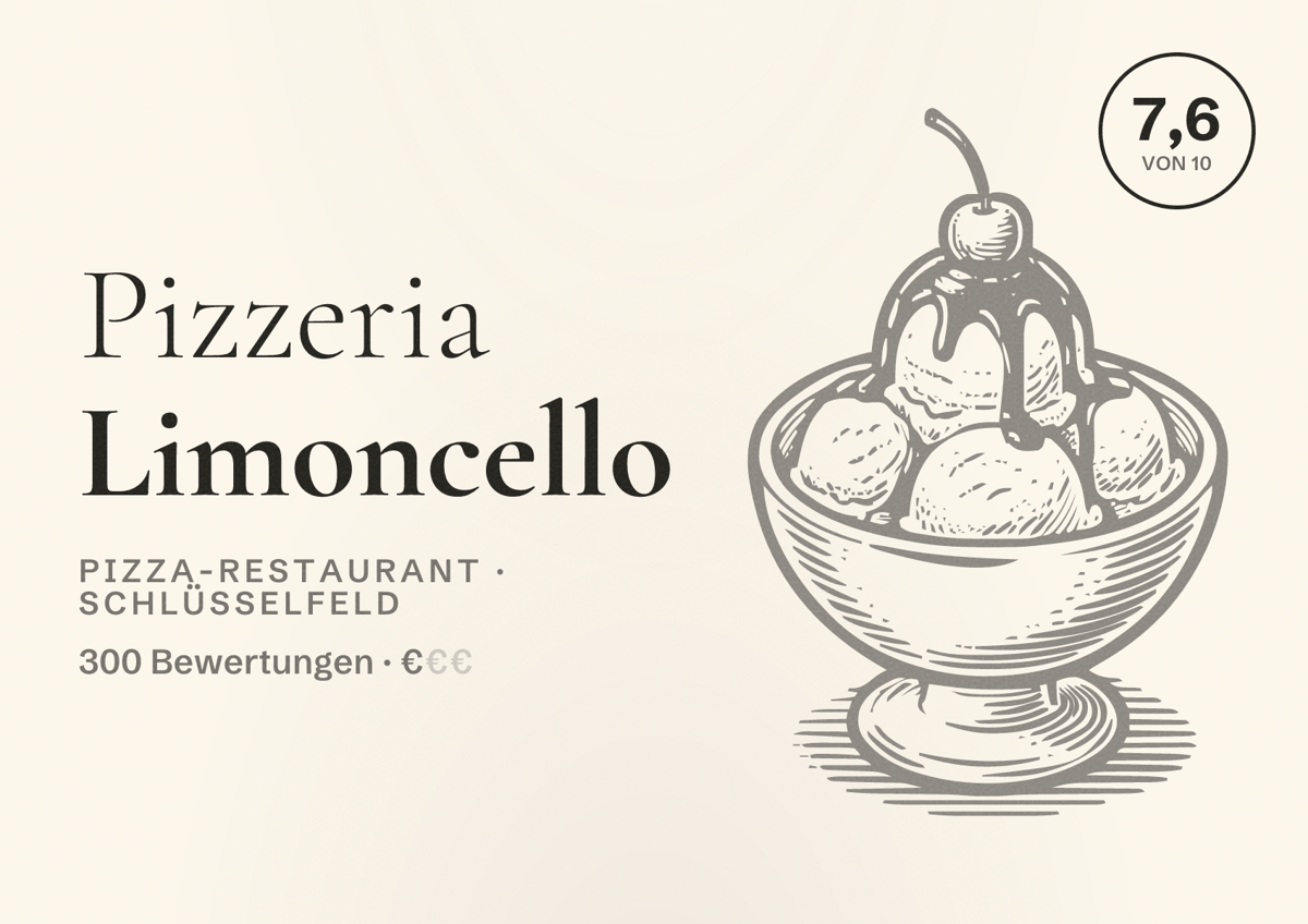 Illustriertes Poster von Pizzeria Limoncello, Pizza-Restaurant in Schlüsselfeld: Bewertung 7,6 von 10 aus 300 Bewertungen, Preisniveau €