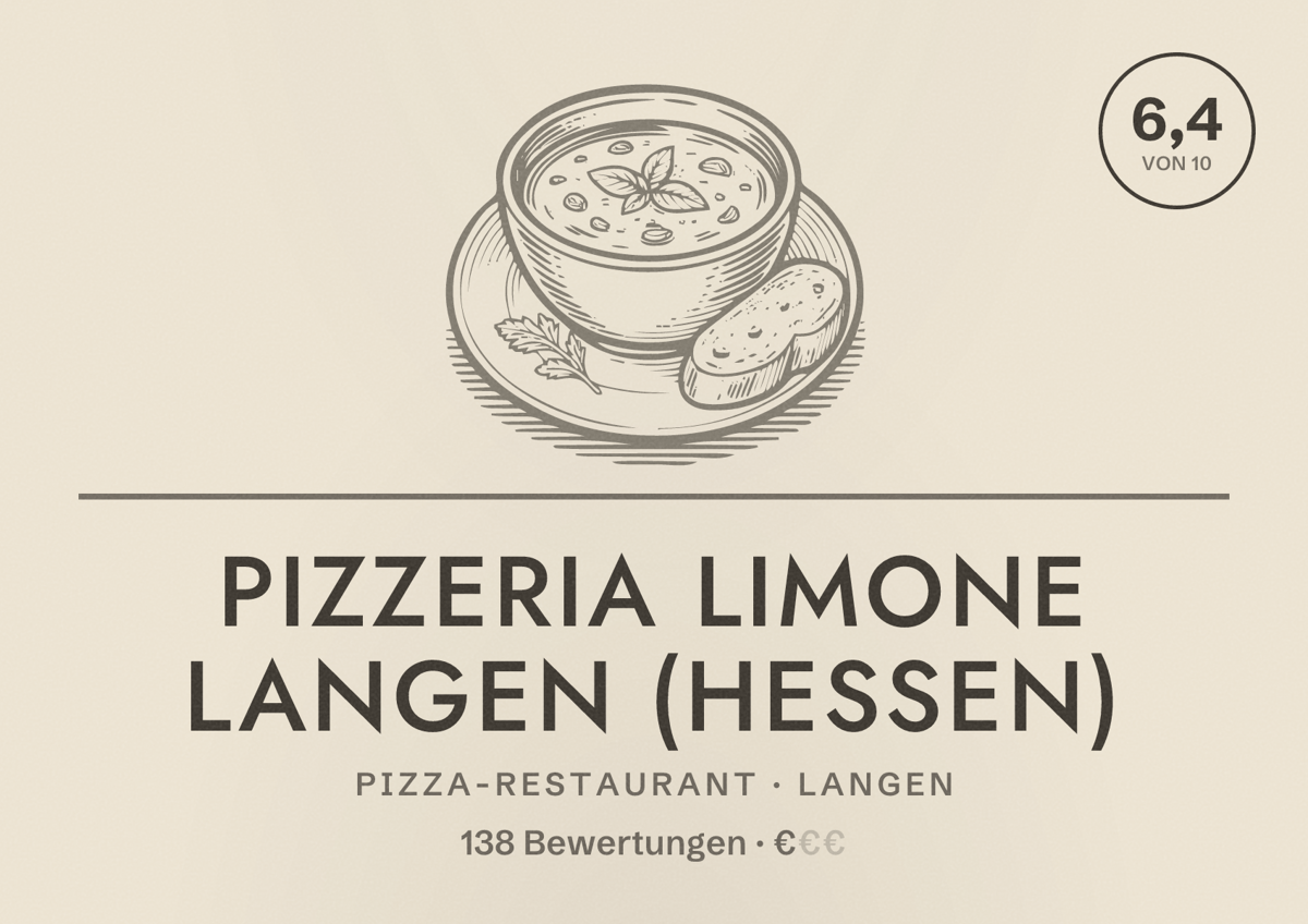 Illustriertes Poster von Pizzeria Limone Langen (Hessen), Pizza-Restaurant in Langen: Bewertung 6,4 von 10 aus 138 Bewertungen, Preisniveau €