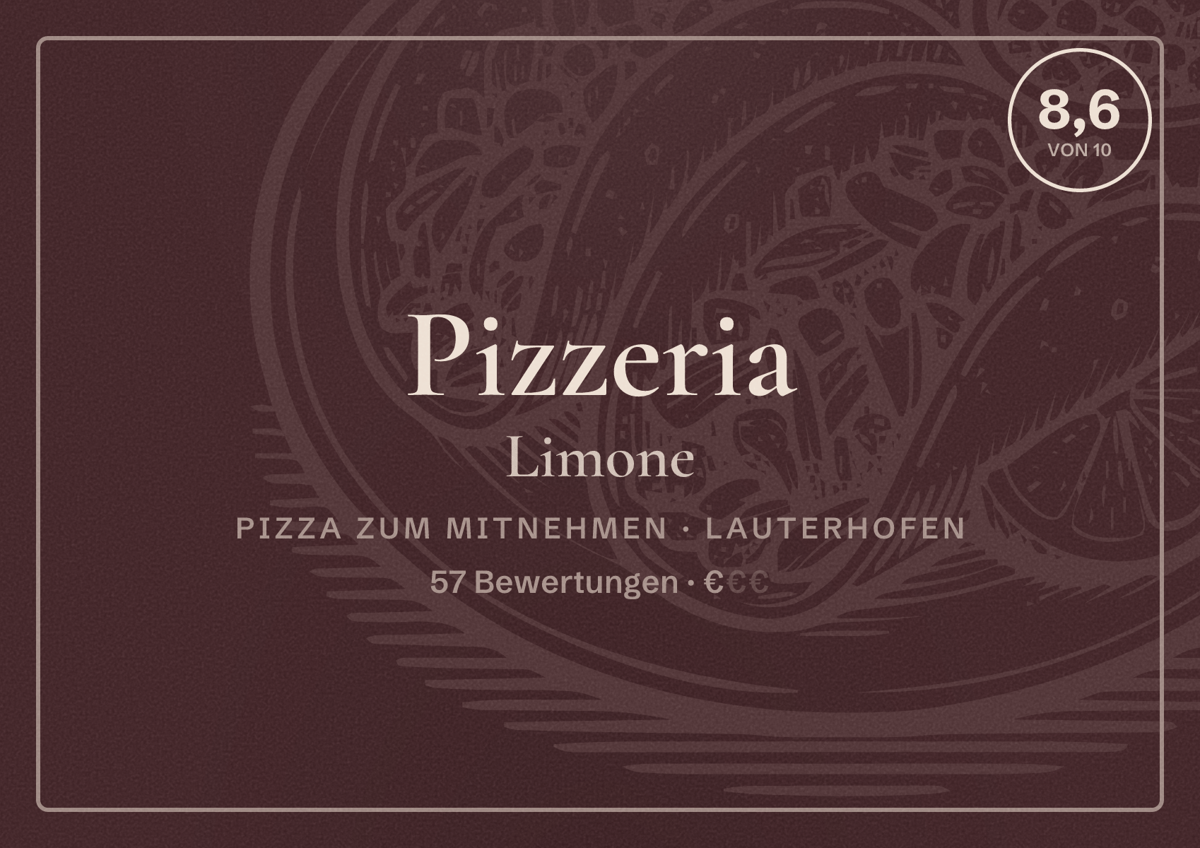 Illustriertes Poster von Pizzeria Limone, Pizza zum Mitnehmen in Lauterhofen: Bewertung 8,6 von 10 aus 57 Bewertungen, Preisniveau €