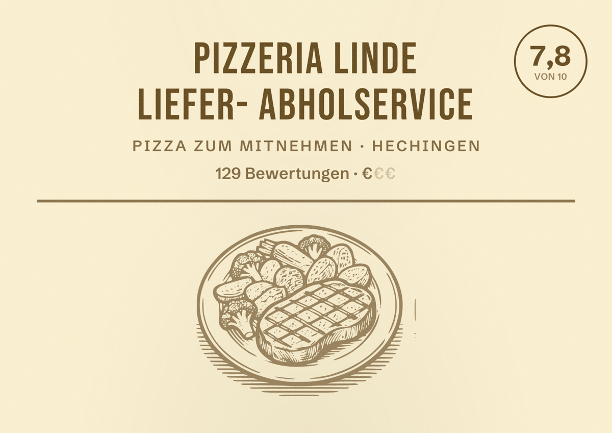 Illustriertes Poster von Pizzeria Linde Liefer- Abholservice, Pizza zum Mitnehmen in Hechingen: Bewertung 7,8 von 10 aus 129 Bewertungen, Preisniveau €