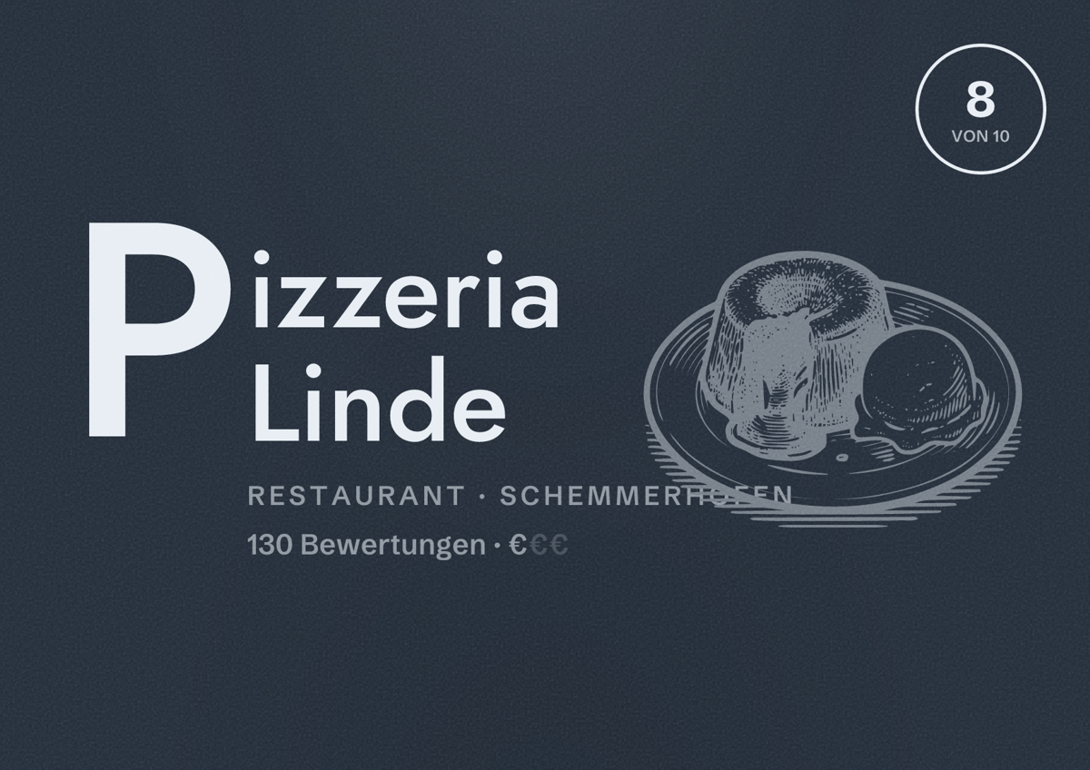Illustriertes Poster von Pizzeria Linde, Restaurant in Schemmerhofen: Bewertung 8 von 10 aus 130 Bewertungen, Preisniveau €