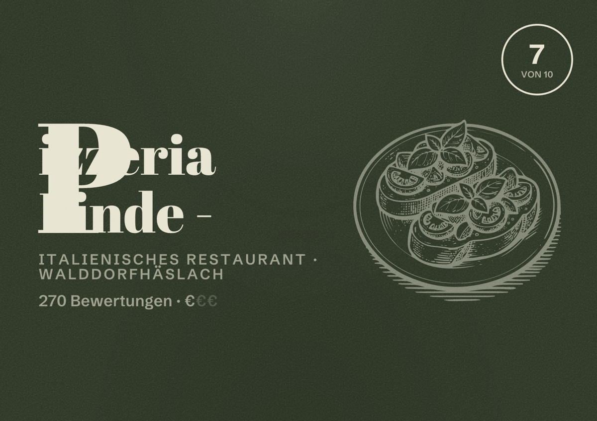 Illustriertes Poster von Pizzeria Linde -, Italienisches Restaurant in Walddorfhäslach: Bewertung 7 von 10 aus 270 Bewertungen, Preisniveau €