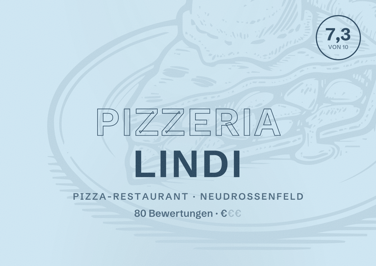 Illustriertes Poster von Pizzeria Lindi, Pizza-Restaurant in Neudrossenfeld: Bewertung 7,3 von 10 aus 80 Bewertungen, Preisniveau €