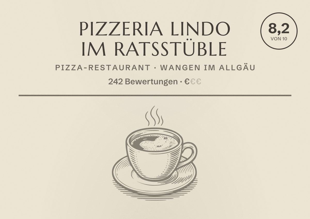 Illustriertes Poster von Pizzeria Lindo im Ratsstüble, Pizza-Restaurant in Wangen im Allgäu: Bewertung 8,2 von 10 aus 242 Bewertungen, Preisniveau €