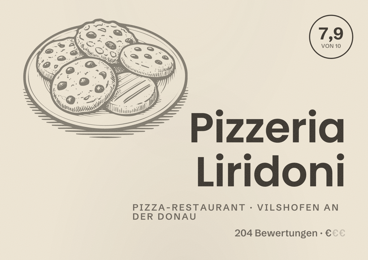 Illustriertes Poster von Pizzeria Liridoni, Pizza-Restaurant in Vilshofen an der Donau: Bewertung 7,9 von 10 aus 204 Bewertungen, Preisniveau €