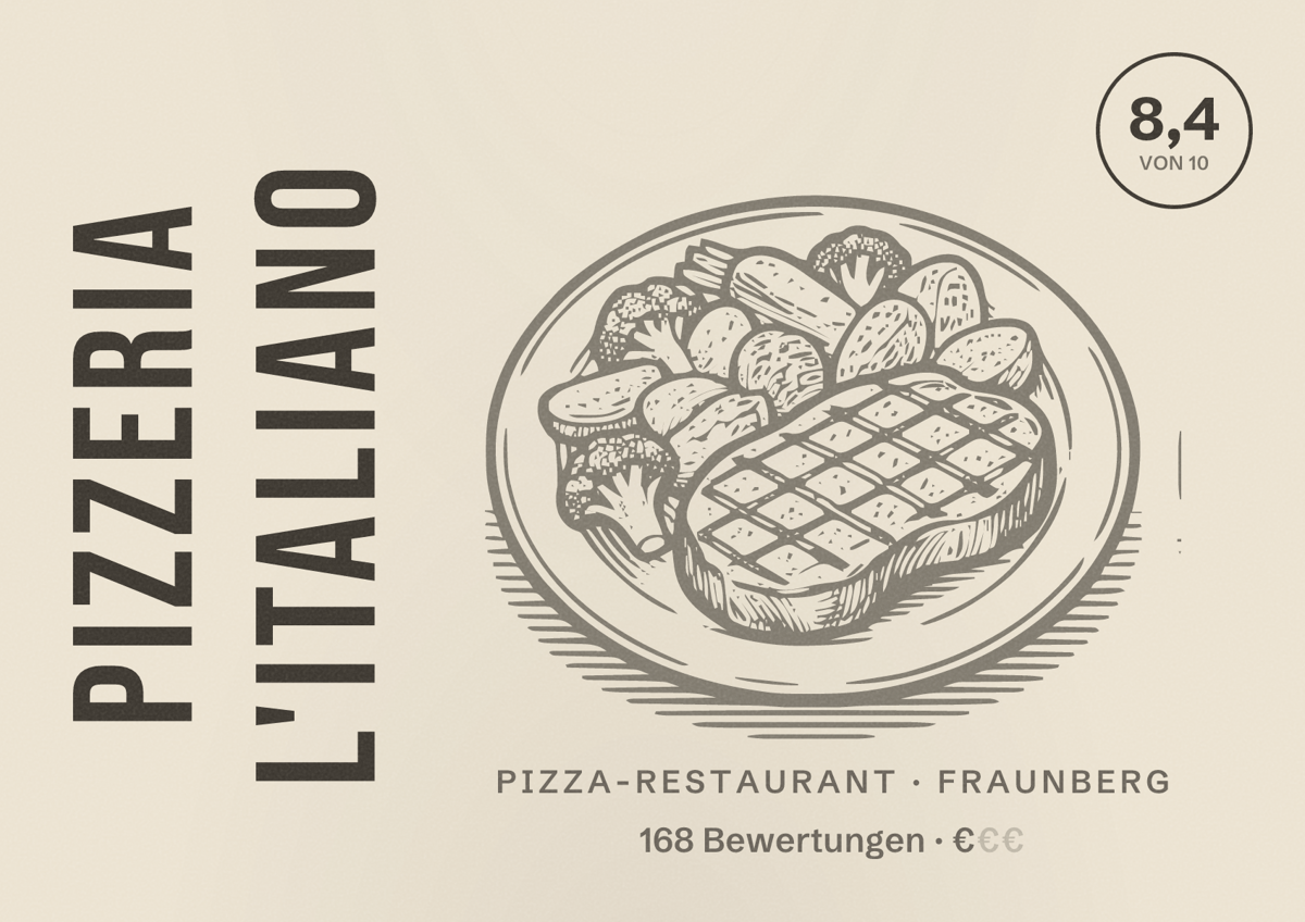 Illustriertes Poster von Pizzeria L'Italiano, Pizza-Restaurant in Fraunberg: Bewertung 8,4 von 10 aus 168 Bewertungen, Preisniveau €