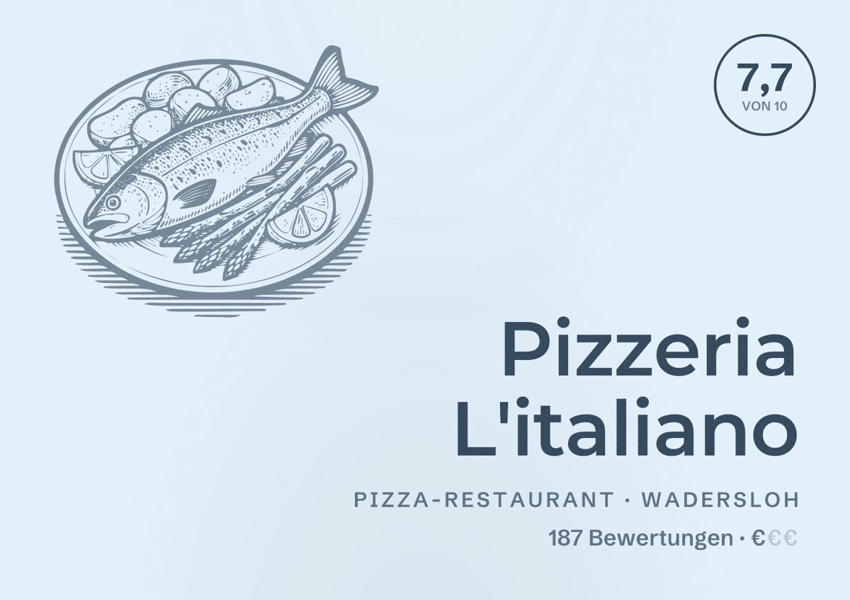 Illustriertes Poster von Pizzeria L'italiano, Pizza-Restaurant in Wadersloh: Bewertung 7,7 von 10 aus 187 Bewertungen, Preisniveau €