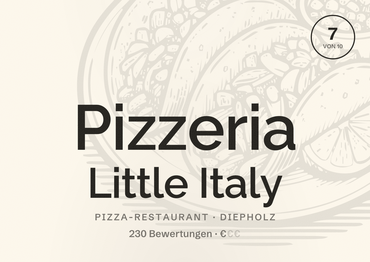 Illustriertes Poster von Pizzeria Little Italy, Pizza-Restaurant in Diepholz: Bewertung 7 von 10 aus 230 Bewertungen, Preisniveau €