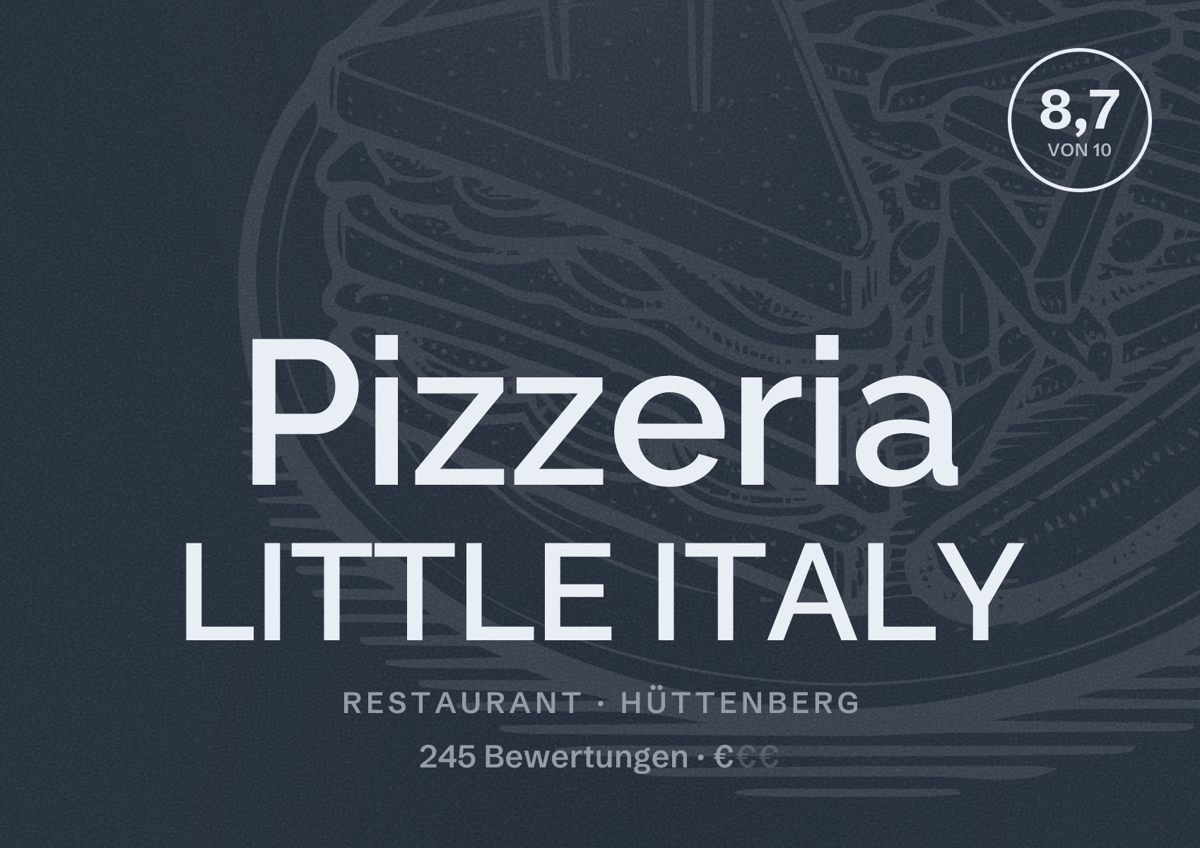 Illustriertes Poster von Pizzeria LITTLE ITALY, Restaurant in Hüttenberg: Bewertung 8,7 von 10 aus 245 Bewertungen, Preisniveau €