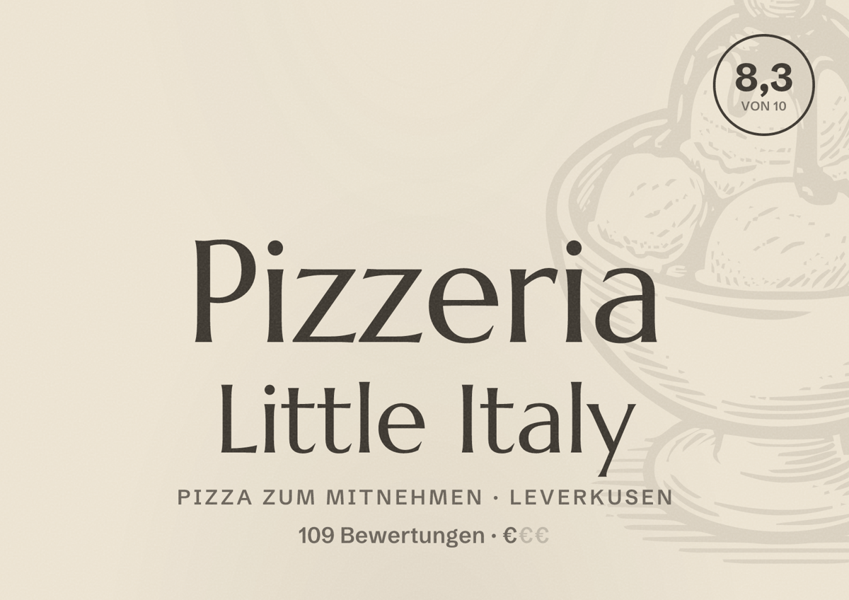 Illustriertes Poster von Pizzeria Little Italy, Pizza zum Mitnehmen in Leverkusen: Bewertung 8,3 von 10 aus 109 Bewertungen, Preisniveau €