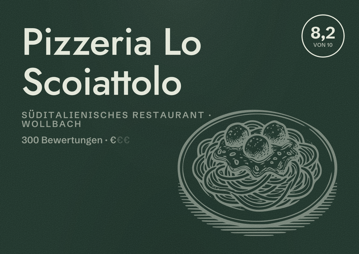 Illustriertes Poster von Pizzeria Lo Scoiattolo, Süditalienisches Restaurant in Wollbach: Bewertung 8,2 von 10 aus 300 Bewertungen, Preisniveau €