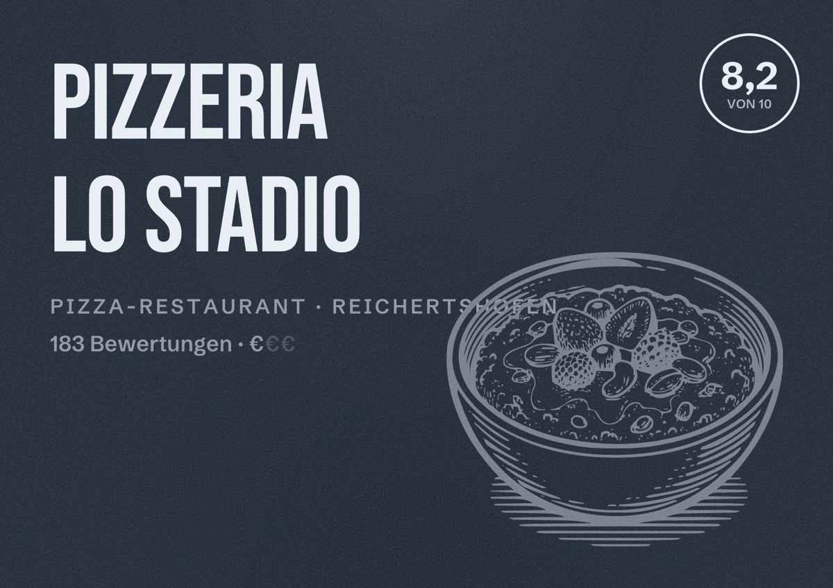 Illustriertes Poster von Pizzeria Lo Stadio, Pizza-Restaurant in Reichertshofen: Bewertung 8,2 von 10 aus 183 Bewertungen, Preisniveau €