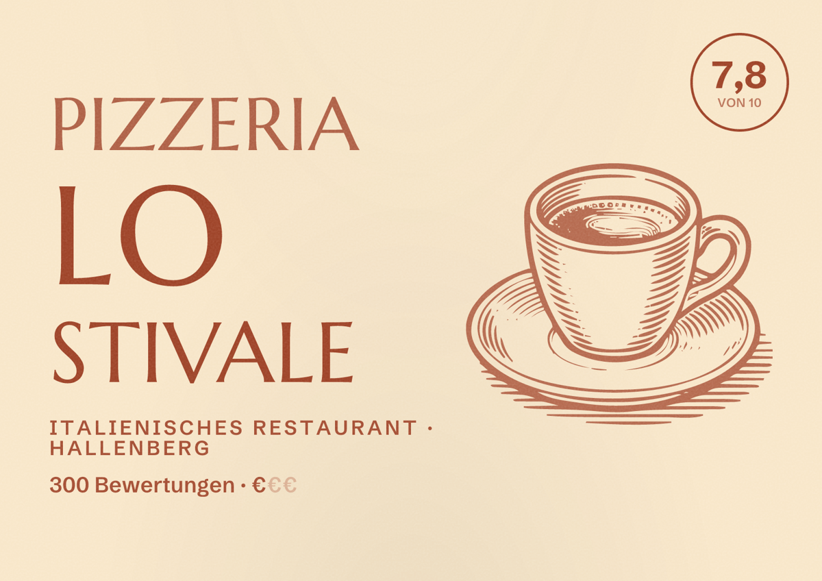 Illustriertes Poster von Pizzeria Lo Stivale, Italienisches Restaurant in Hallenberg: Bewertung 7,8 von 10 aus 300 Bewertungen, Preisniveau €
