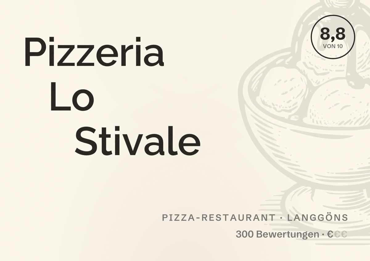 Illustriertes Poster von Pizzeria Lo Stivale, Pizza-Restaurant in Langgöns: Bewertung 8,8 von 10 aus 300 Bewertungen, Preisniveau €