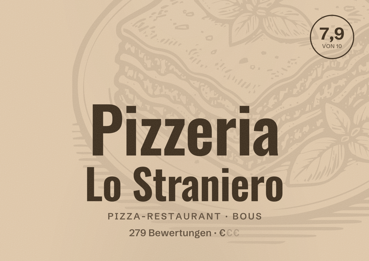Illustriertes Poster von Pizzeria Lo Straniero, Pizza-Restaurant in Bous: Bewertung 7,9 von 10 aus 279 Bewertungen, Preisniveau €