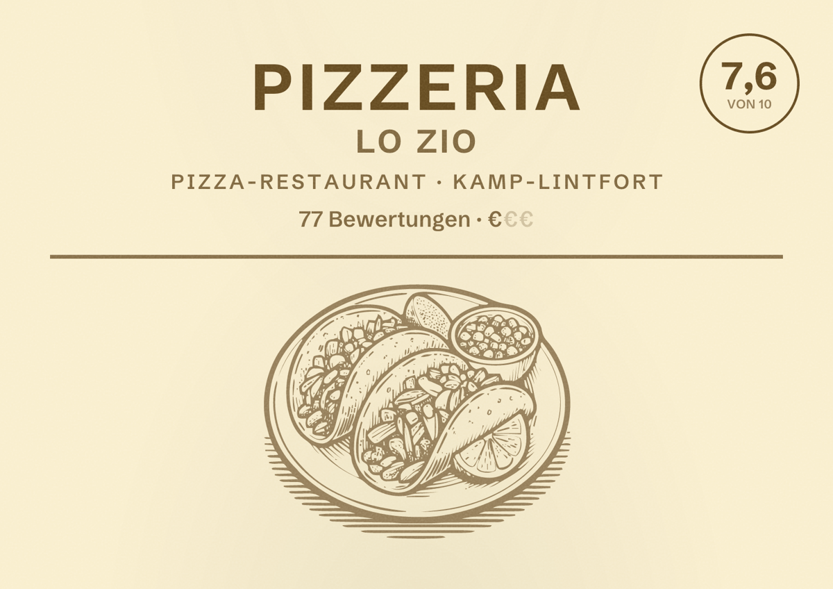 Illustriertes Poster von Pizzeria Lo Zio, Pizza-Restaurant in Kamp-Lintfort: Bewertung 7,6 von 10 aus 77 Bewertungen, Preisniveau €