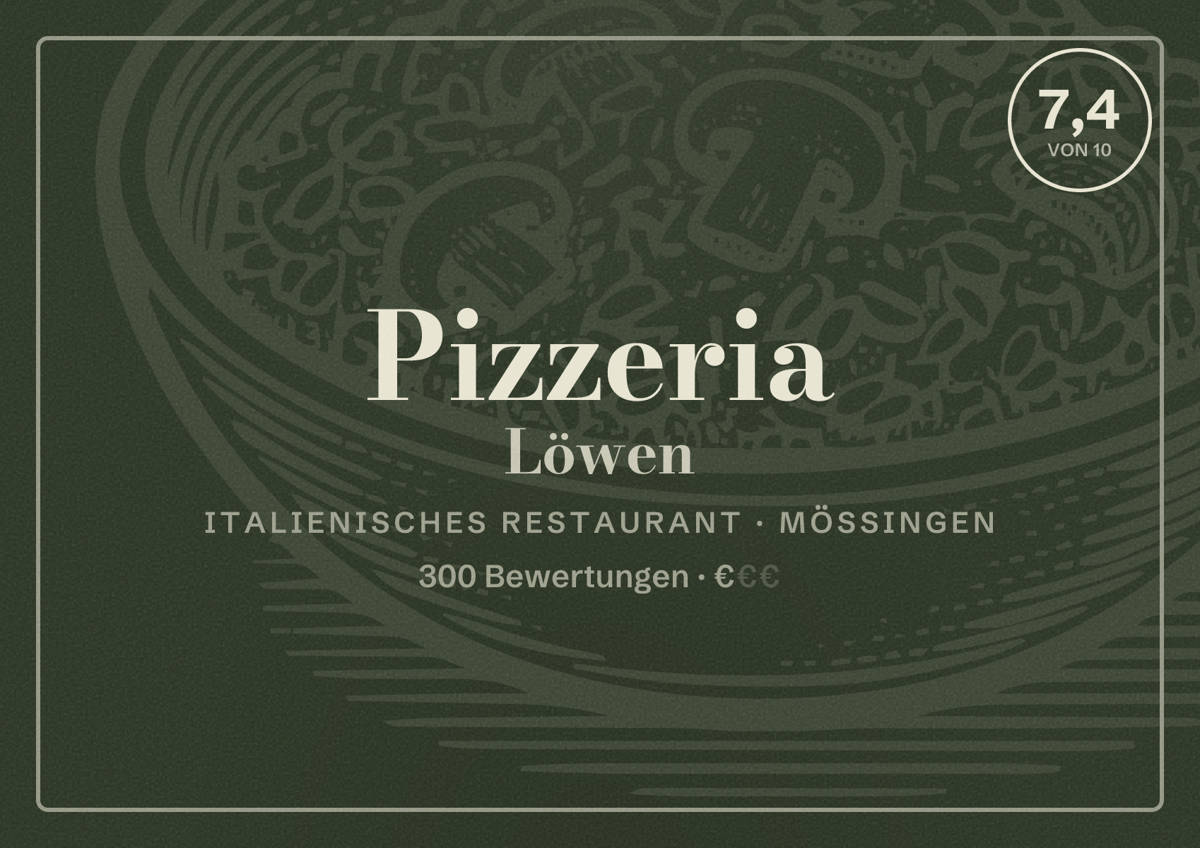 Illustriertes Poster von Pizzeria Löwen, Italienisches Restaurant in Mössingen: Bewertung 7,4 von 10 aus 300 Bewertungen, Preisniveau €
