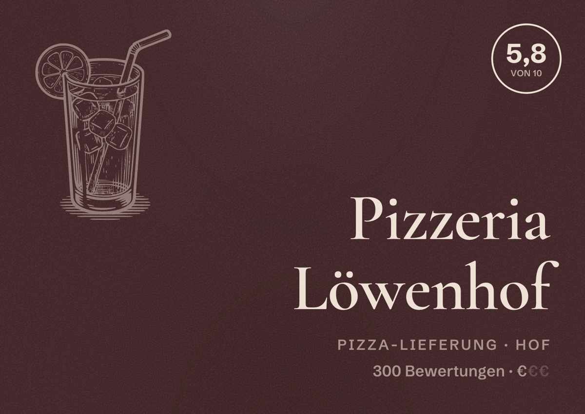 Illustriertes Poster von Pizzeria Löwenhof, Pizza-Lieferung in Hof: Bewertung 5,8 von 10 aus 300 Bewertungen, Preisniveau €
