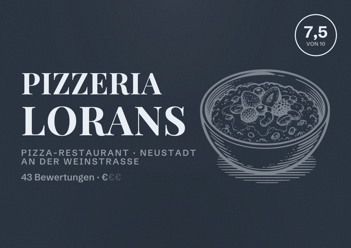 Illustriertes Poster von Pizzeria Lorans, Pizza-Restaurant in Neustadt an der Weinstraße: Bewertung 7,5 von 10 aus 43 Bewertungen, Preisniveau €