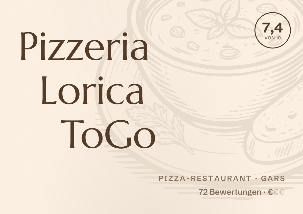 Illustriertes Poster von Pizzeria Lorica ToGo, Pizza-Restaurant in Gars: Bewertung 7,4 von 10 aus 72 Bewertungen, Preisniveau €
